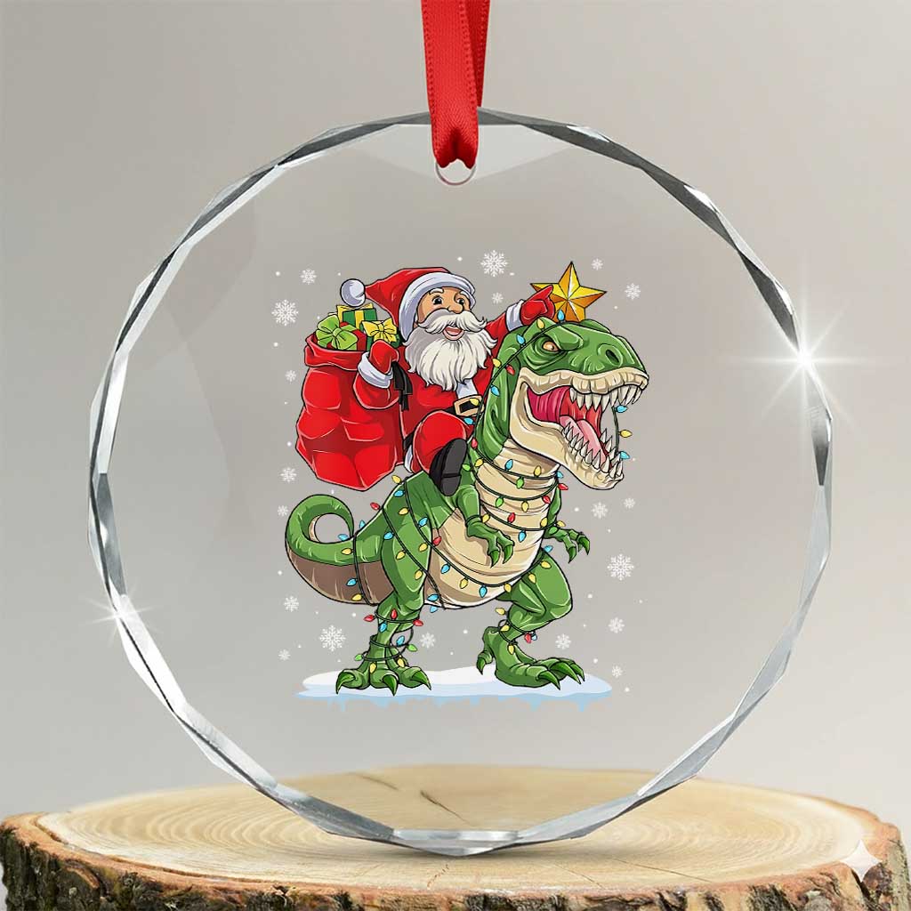 Funny Dinosaur Christmas Santa Claus Riding Dino Crystal Glass Ornament TS11 Transparent Glass 3'' Circle Print Your Wear