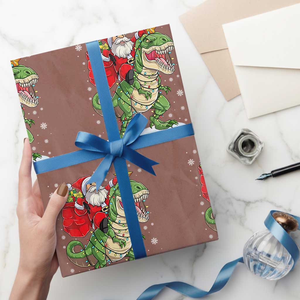 Funny Dinosaur Christmas Santa Claus Riding Dino Wrapping Paper Roll TS11 Mocha Print Your Wear