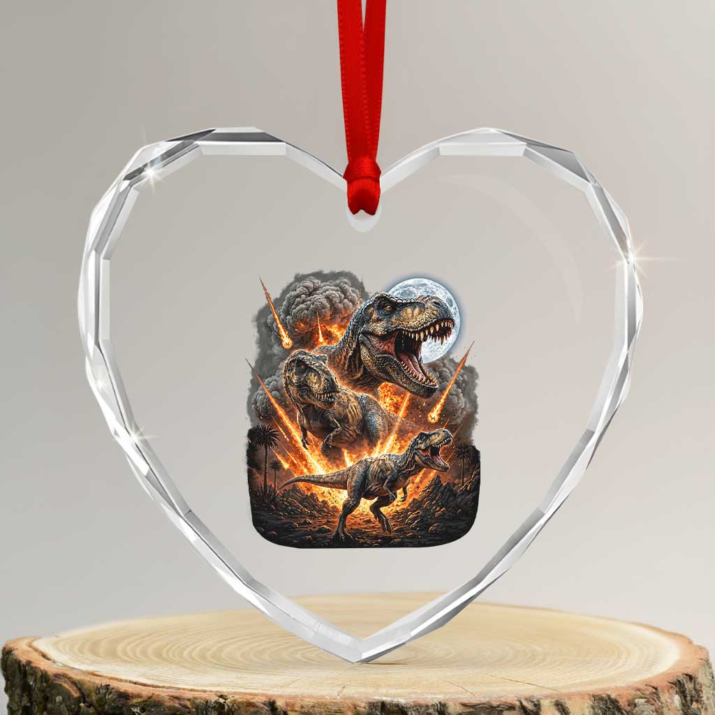 Funny Dinosaur Meteorite Strike Heart Crystal Glass Ornament Epic Paleontology Gift