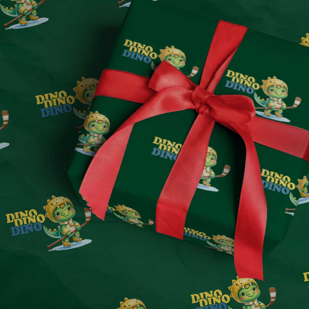 Funny Dinosaur Playing Ice Hockey Wrapping Paper Roll Gift For Dino Lovers TS12 Green Print Your Wear