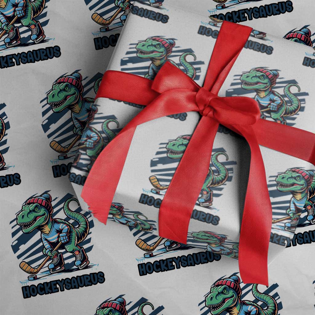 Funny Dinosaur Playing Ice Hockey Wrapping Paper Roll Hockeysaurus Gift For Kids TS12 White Print Your Wear