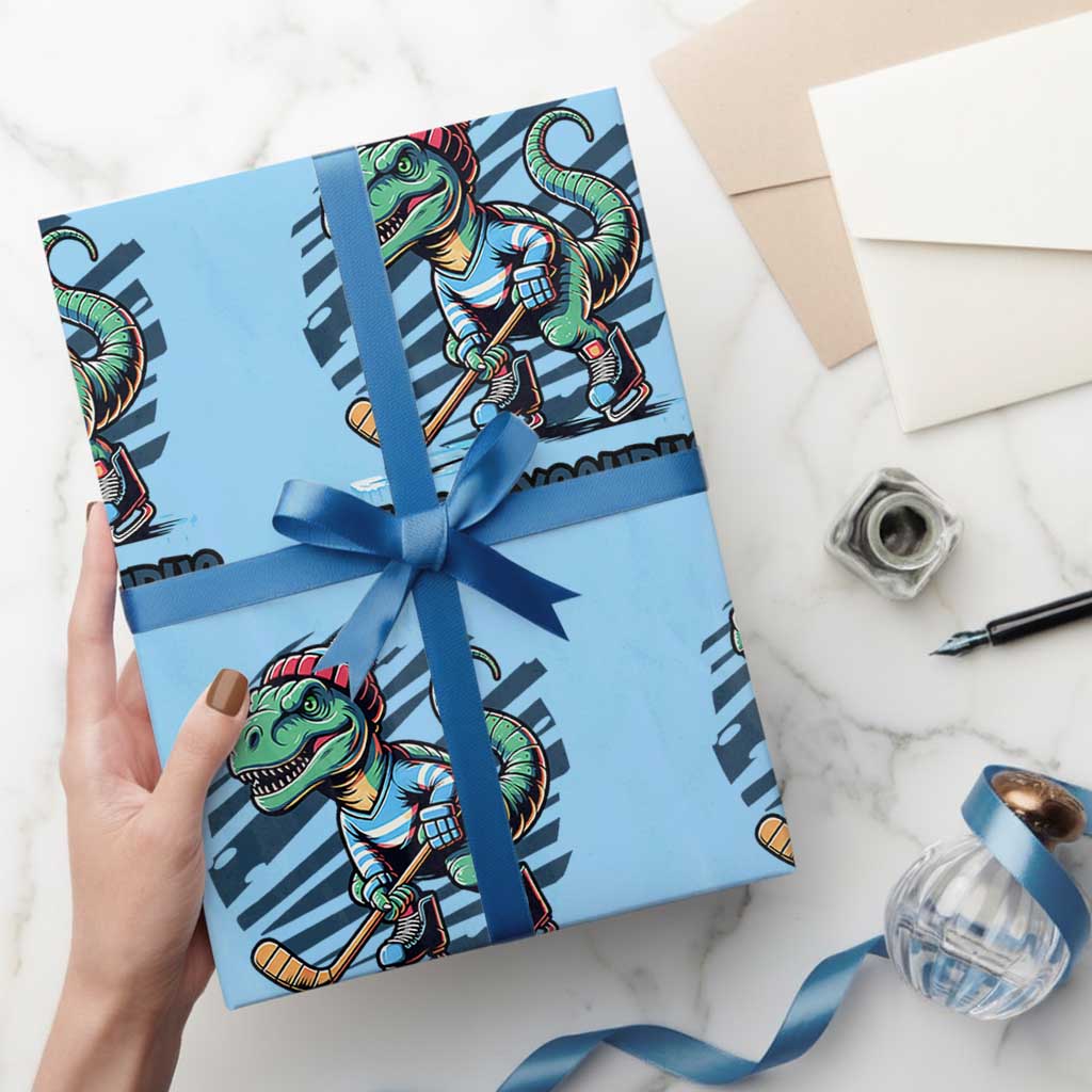 Funny Dinosaur Playing Ice Hockey Wrapping Paper Roll Hockeysaurus Gift For Kids TS12 Light Blue Print Your Wear