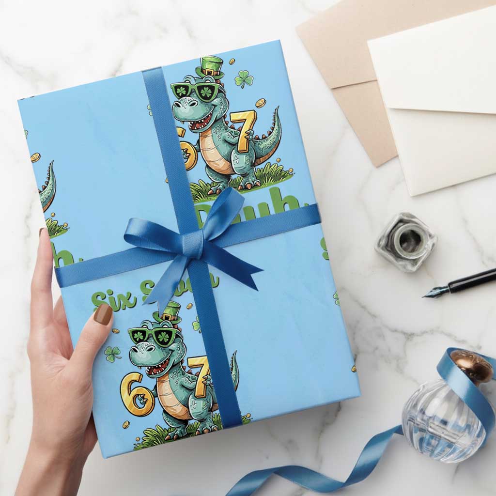 Funny Dinosaur Says Six Seven Wrapping Paper Roll St Patricks Day TS12 Light Blue Print Your Wear