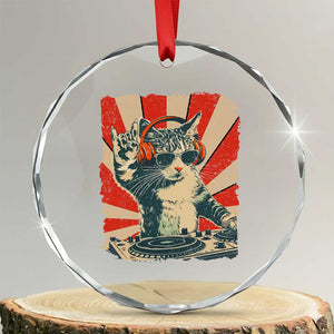 Funny DJ Cat with Headphones Retro Music Lover Crystal Glass Ornament TS11 Transparent Glass 3'' Circle Print Your Wear