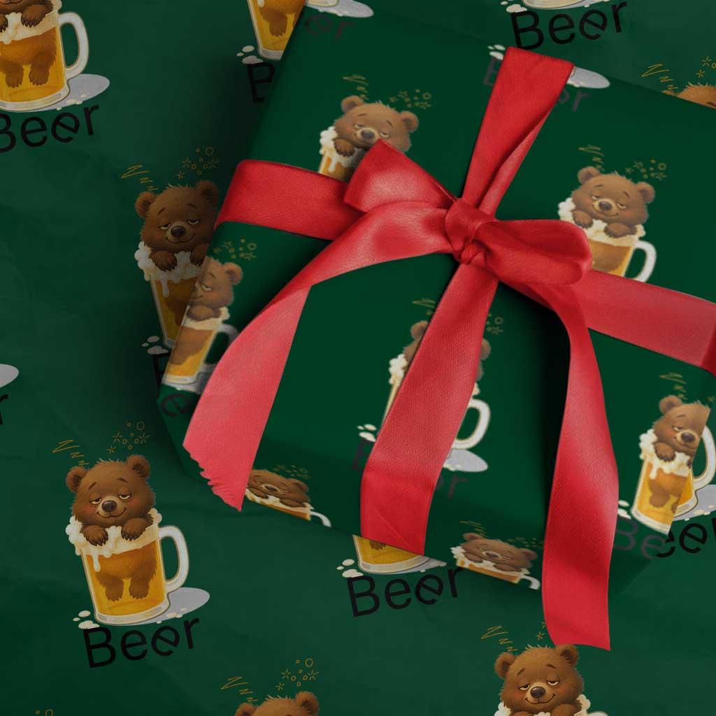 Funny Drinking Lover Wrapping Paper Roll Bear In Beer Glass TS12 Green Print Your Wear