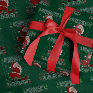 Funny Drunk Mexican Santa Wrapping Paper Roll Borracho Pero Buen Muchacho Good Guy in Spanish TS02 Green Print Your Wear