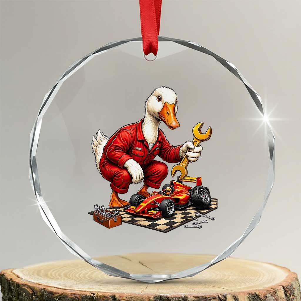 Funny Duck Mechanic Race Car Pit Crew Crystal Glass Ornament Motorsports Enthusiast Auto Repair TS02 Transparent Glass 3'' Circle Print Your Wear