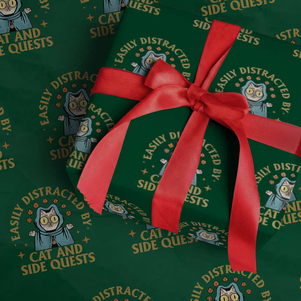 Funny Easily Distracted By Cats And Side Quests Wrapping Paper Roll RPG Tabletop Gamer TS11 Green Print Your Wear