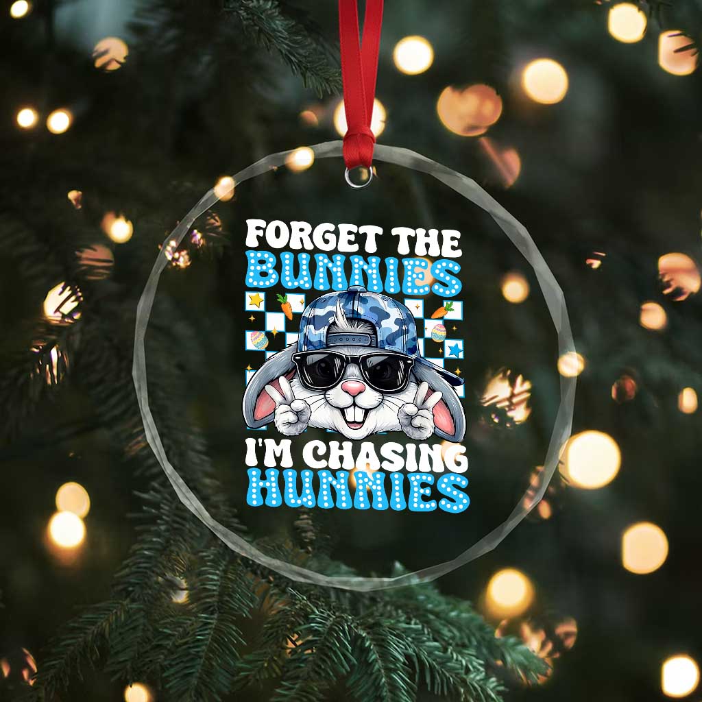 Funny Easter Bunny Forget the Bunnies I’m Chasing Hunnies Crystal Glass Ornament Cool Rabbit with Sunglasses & Hat Humor TS02 Print Your Wear