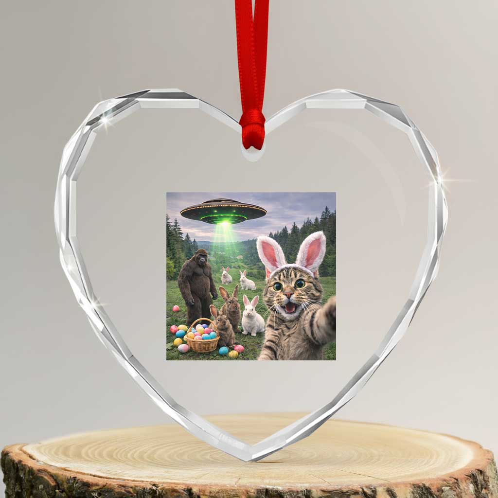 Funny Easter Day Heart Crystal Glass Ornament Cat Selfie With Bunny Bigfoot UFO Bunny Egg TS10 Transparent Glass 3'' Heart Print Your Wear