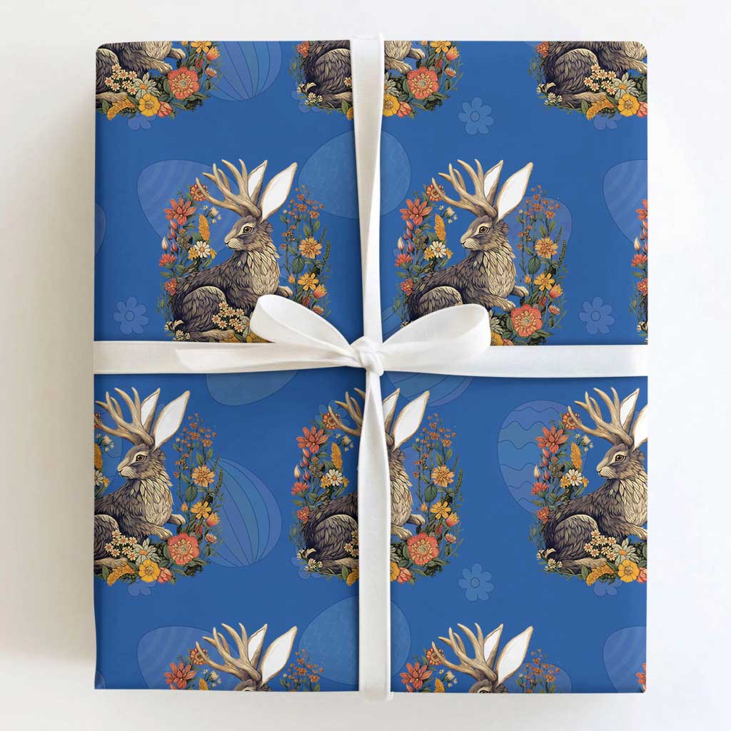Funny Easter Day Jackalope Rabbit Vintage Flowers Cottagecore Wrapping Paper Roll TS11 Royal Blue Print Your Wear