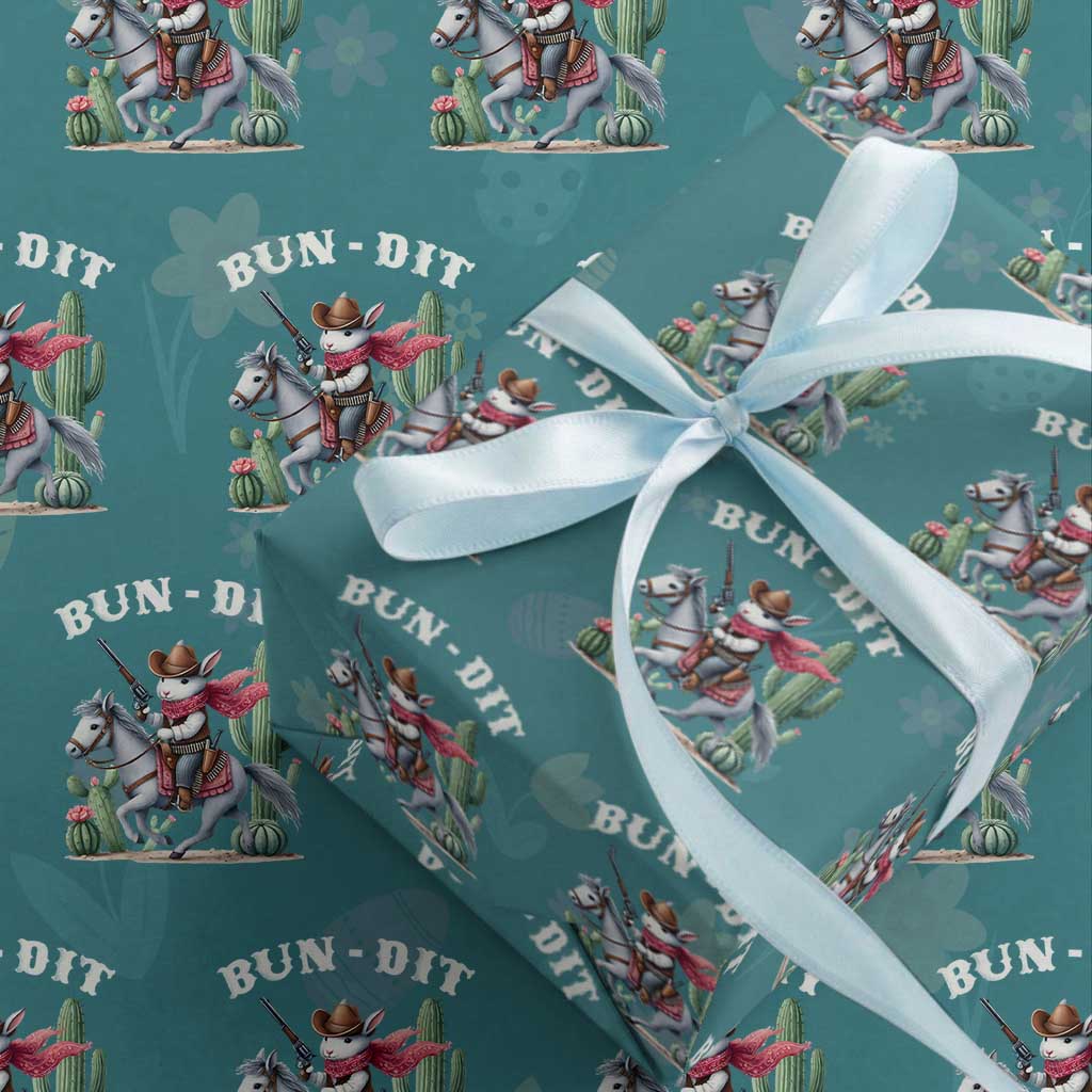 Funny Easter Day Western Wrapping Paper Roll Bun-dit Country Rabbit Cowboy Rodeo TS11 Teal Print Your Wear