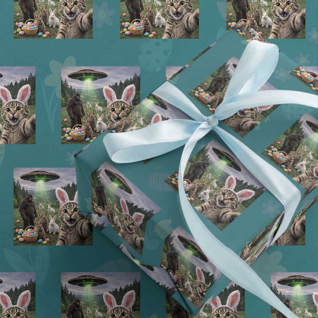 Funny Easter Day Wrapping Paper Roll Cat Selfie With Bunny Bigfoot UFO Bunny Egg TS10 Teal Print Your Wear
