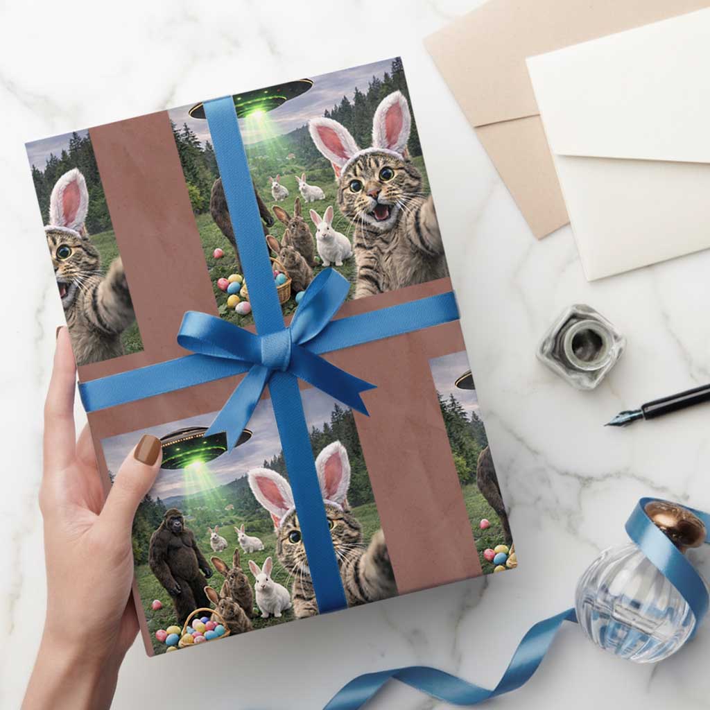 Funny Easter Day Wrapping Paper Roll Cat Selfie With Bunny Bigfoot UFO Bunny Egg TS10 Mocha Print Your Wear