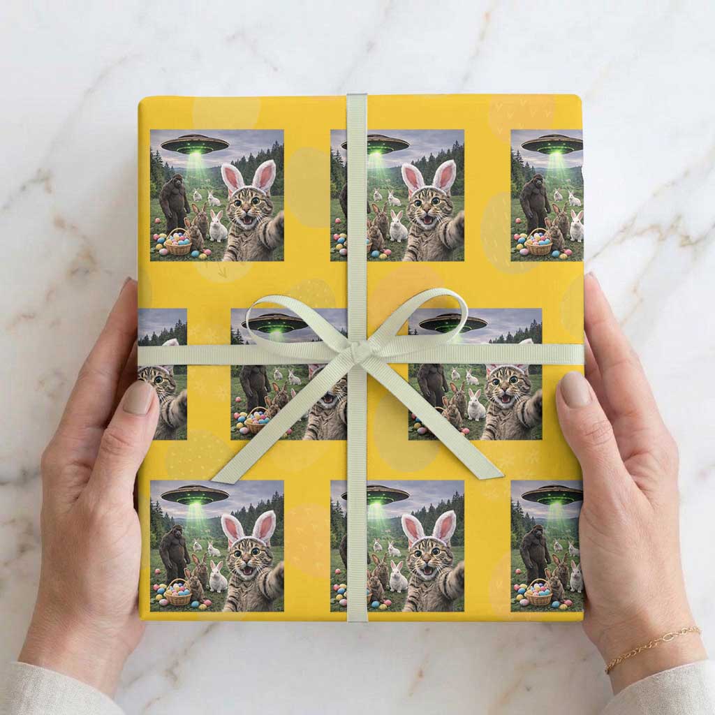 Funny Easter Day Wrapping Paper Roll Cat Selfie With Bunny Bigfoot UFO Bunny Egg TS10 Yellow Print Your Wear