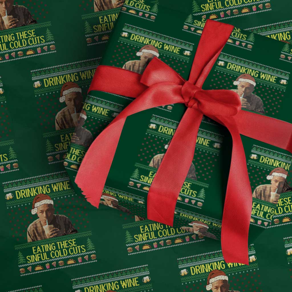Funny Ed Gein Christmas Meme Wrapping Paper Roll Drinking Wine Eating This Sinful Cold Cuts Viral Scene TS02 Green Print Your Wear