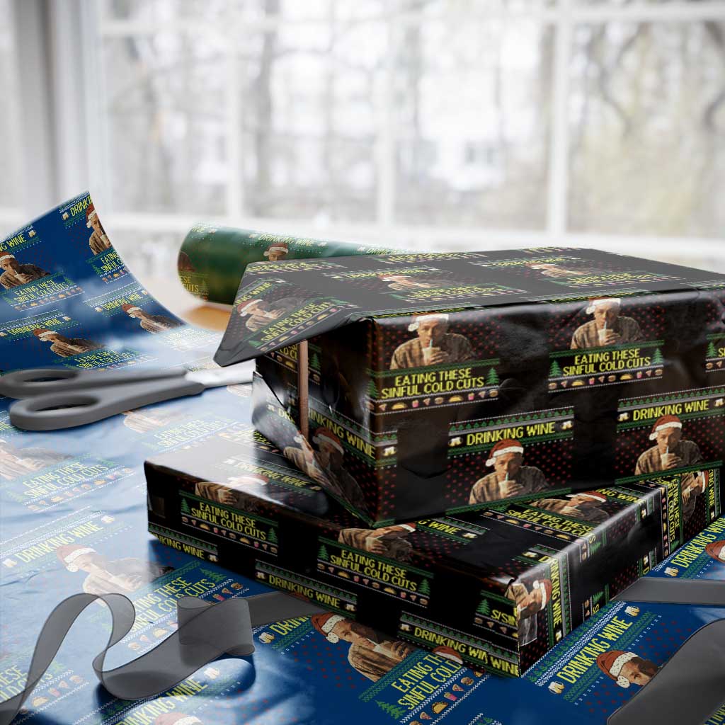 Funny Ed Gein Christmas Meme Wrapping Paper Roll Drinking Wine Eating This Sinful Cold Cuts Viral Scene TS02 Black Print Your Wear
