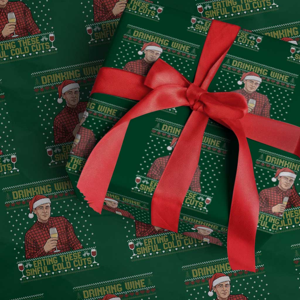 Funny Ed Gein Christmas Meme Wrapping Paper Roll Drinking Wine Eating This Sinful Cold Cuts Viral Scene Naughty Holiday TS02 Green Print Your Wear