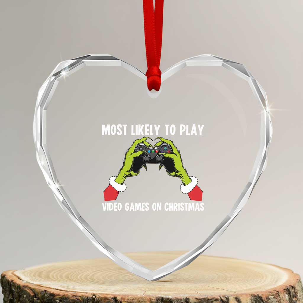 Funny Elf Hand Christmas Heart Crystal Glass Ornament Most Likely To Play Video Games On Christmas TS14 Transparent Glass 3'' Heart Print Your Wear