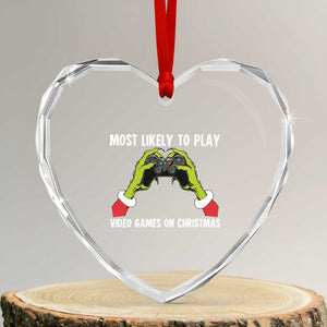 Funny Elf Hand Christmas Heart Crystal Glass Ornament Most Likely To Play Video Games On Christmas TS14 Transparent Glass 3'' Heart Print Your Wear