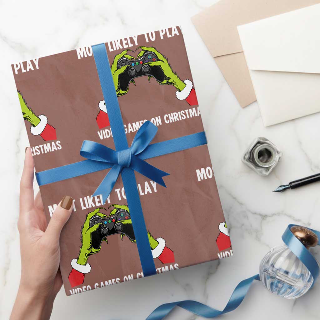 Funny Elf Hand Christmas Wrapping Paper Roll Most Likely To Play Video Games On Christmas TS14 Mocha Print Your Wear