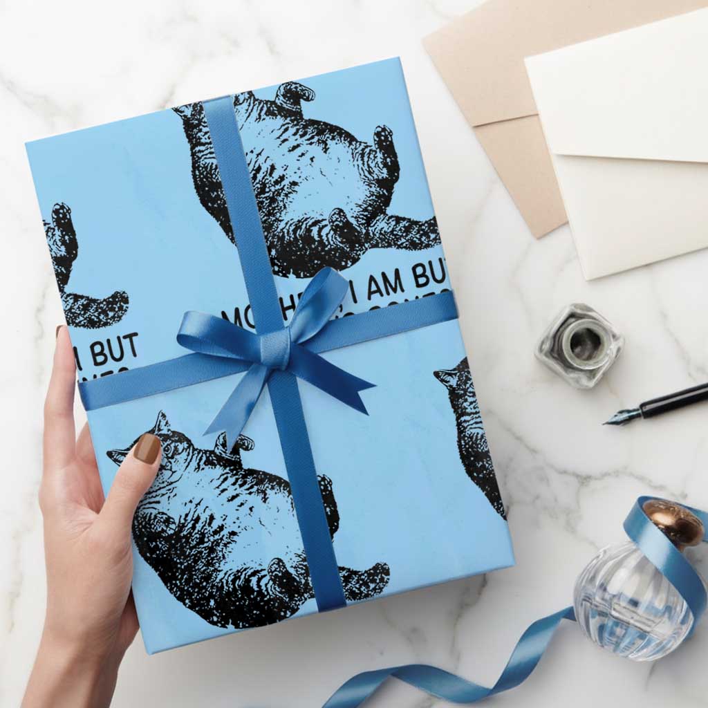 Funny Fat Cat Meme Wrapping Paper Roll Mother I Am But Skin and Bones Sarcastic Feline Humor TS02 Light Blue Print Your Wear