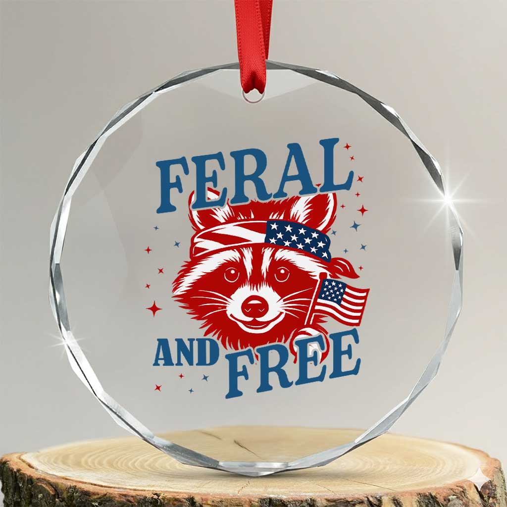 Funny Feral and Free Raccoon Crystal Glass Ornament Patriotic Bandana Animal 4th of July US Flag TS02 Transparent Glass 3'' Circle Print Your Wear