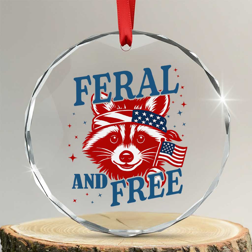 Funny Feral and Free Raccoon Crystal Glass Ornament Patriotic Bandana Animal 4th of July US Flag TS02 Transparent Glass 3'' Circle Print Your Wear