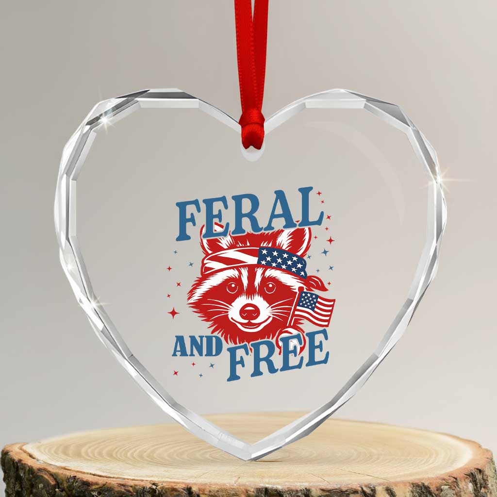 Funny Feral and Free Raccoon Heart Crystal Glass Ornament Patriotic Bandana Animal 4th of July US Flag TS02 Transparent Glass 3'' Heart Print Your Wear