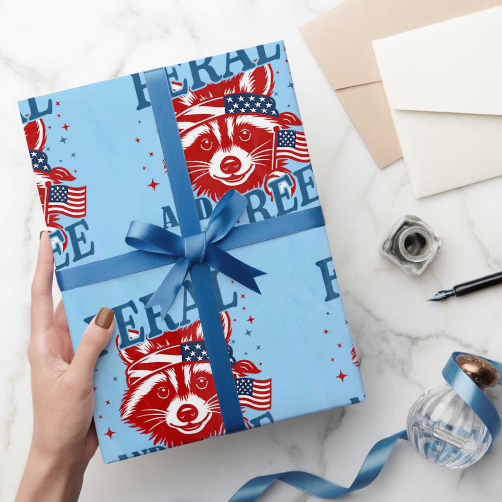 Funny Feral and Free Raccoon Wrapping Paper Roll Patriotic Bandana Animal 4th of July US Flag TS02 Light Blue Print Your Wear