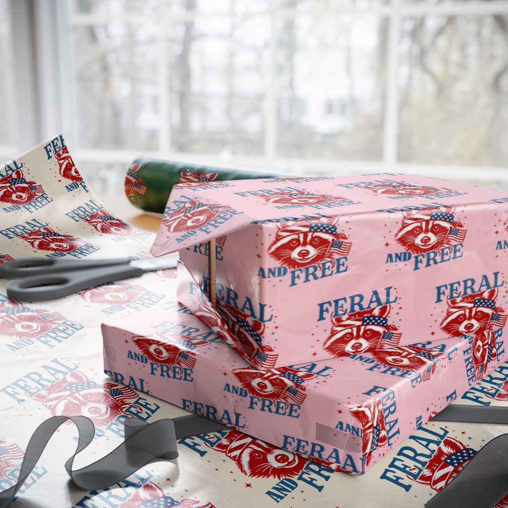 Funny Feral and Free Raccoon Wrapping Paper Roll Patriotic Bandana Animal 4th of July US Flag TS02 Light Pink Print Your Wear