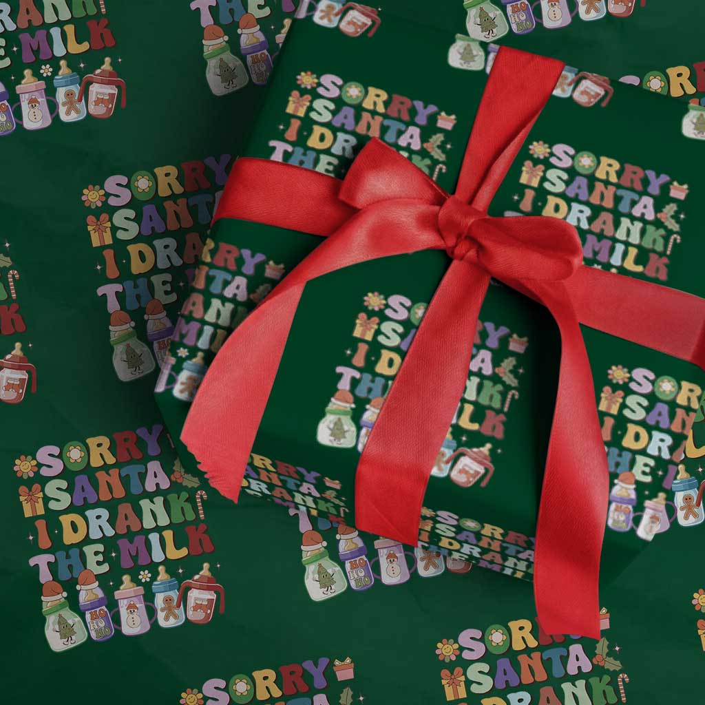 Funny First Christmas Wrapping Paper Roll Sorry Santa I Drank The Milk Retro Baby Bottle TS11 Green Print Your Wear