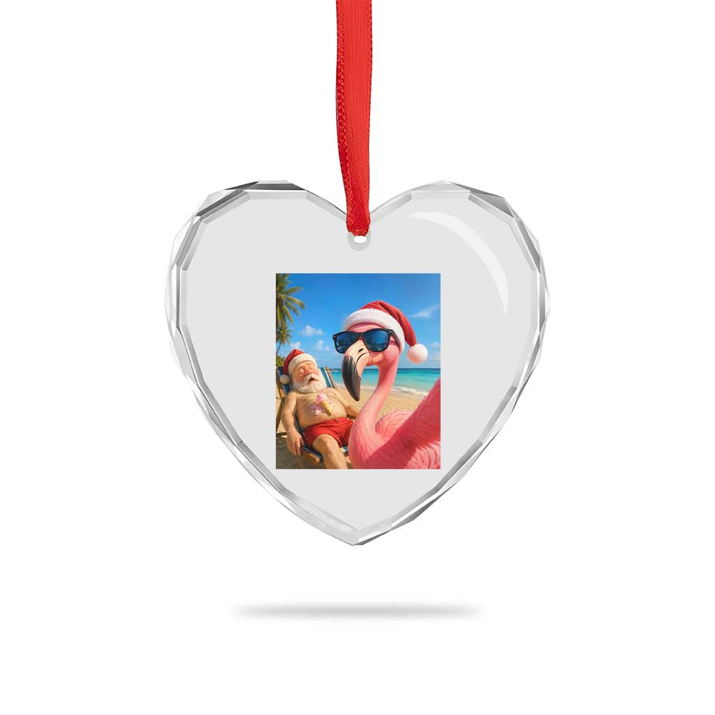 Funny Flamingo Beach Selfie Heart Crystal Glass Ornament Christmas in July