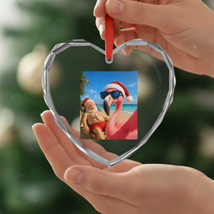 Funny Flamingo Beach Selfie Heart Crystal Glass Ornament Christmas in July