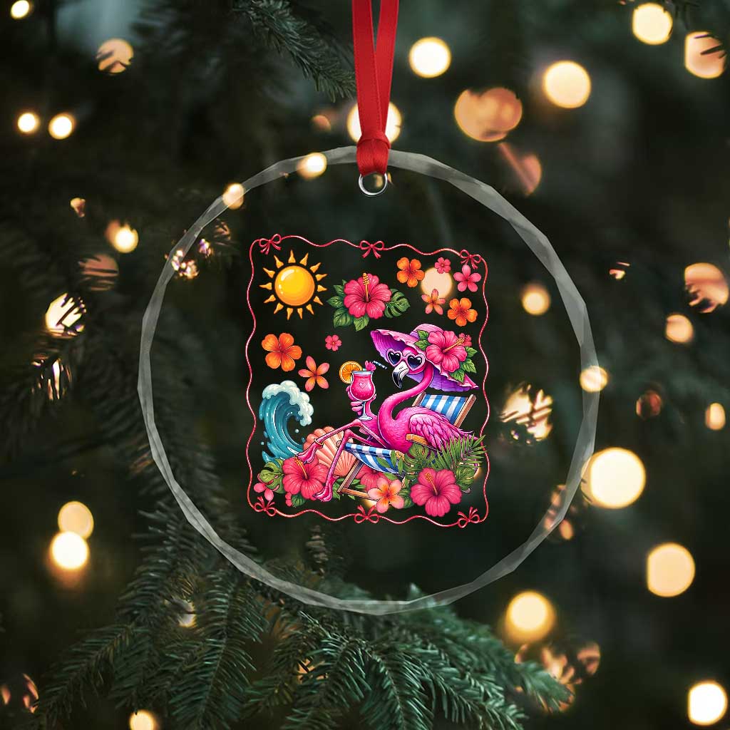 Funny Flamingo Tropical Floral Summer Vacation Graphic Crystal Glass Ornament