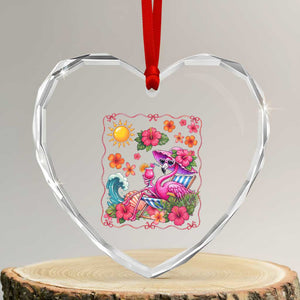 Funny Flamingo Tropical Floral Summer Vacation Graphic Heart Crystal Glass Ornament