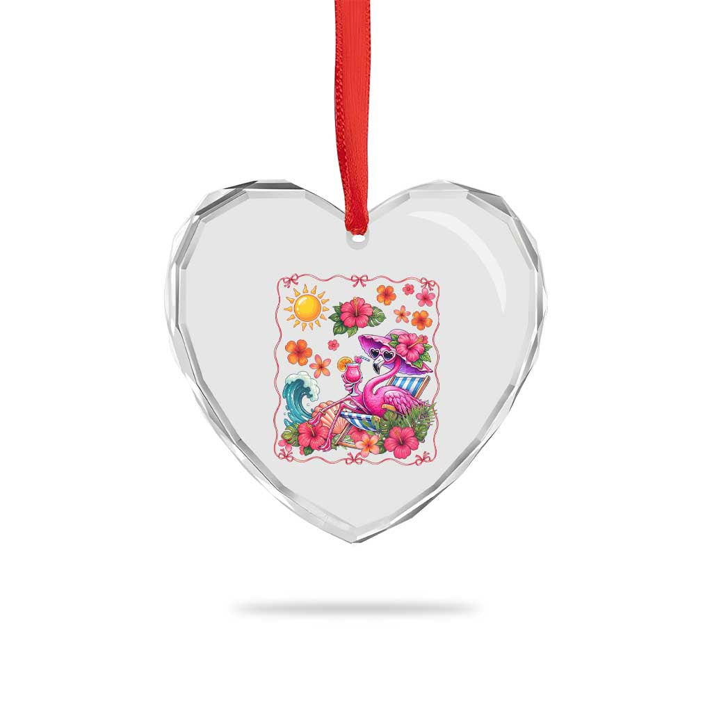 Funny Flamingo Tropical Floral Summer Vacation Graphic Heart Crystal Glass Ornament
