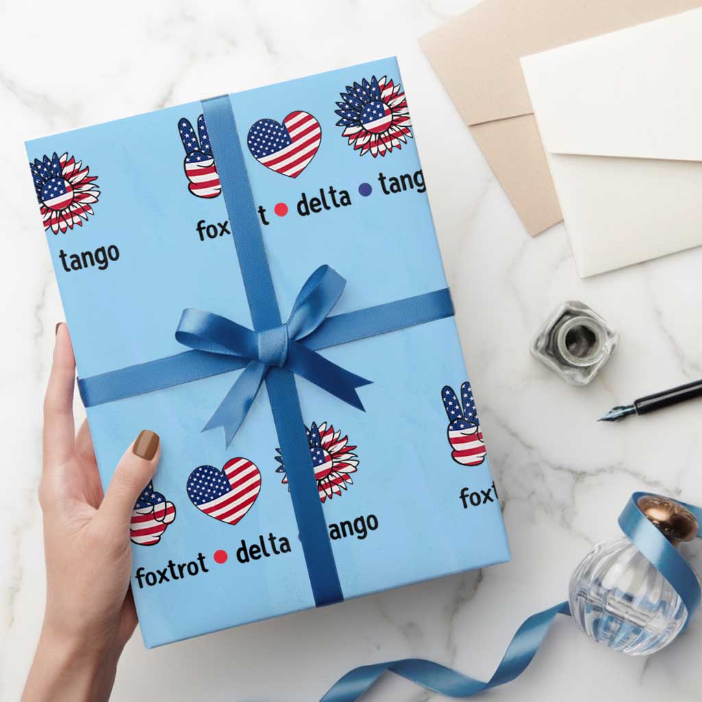 Funny Foxtrots Delta Tangos Wrapping Paper Roll American Flag Peace Sign Heart Sunflower TS02 Light Blue Print Your Wear