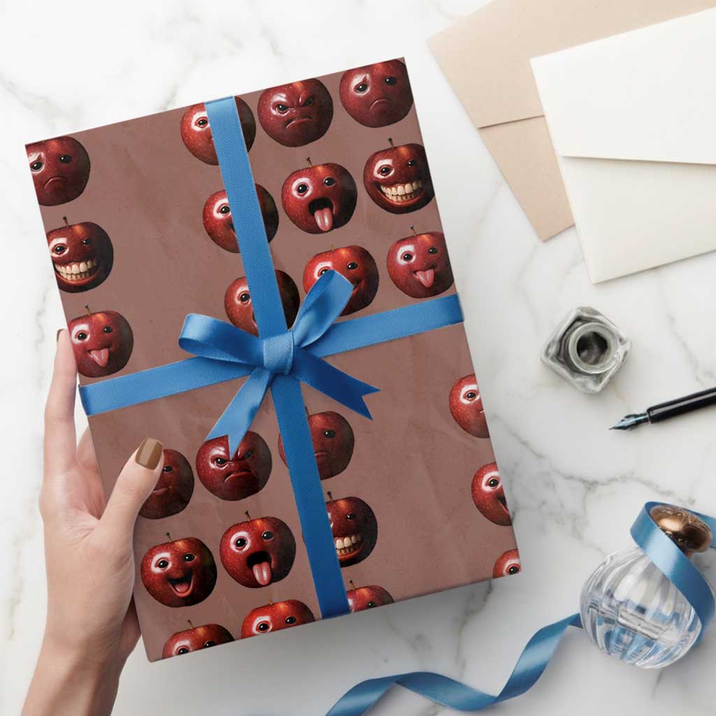 Funny Freaky Apple Faces Meme Graphic Wrapping Paper Roll Surreal Weird AI Fruit Emotions TS02 Mocha Print Your Wear