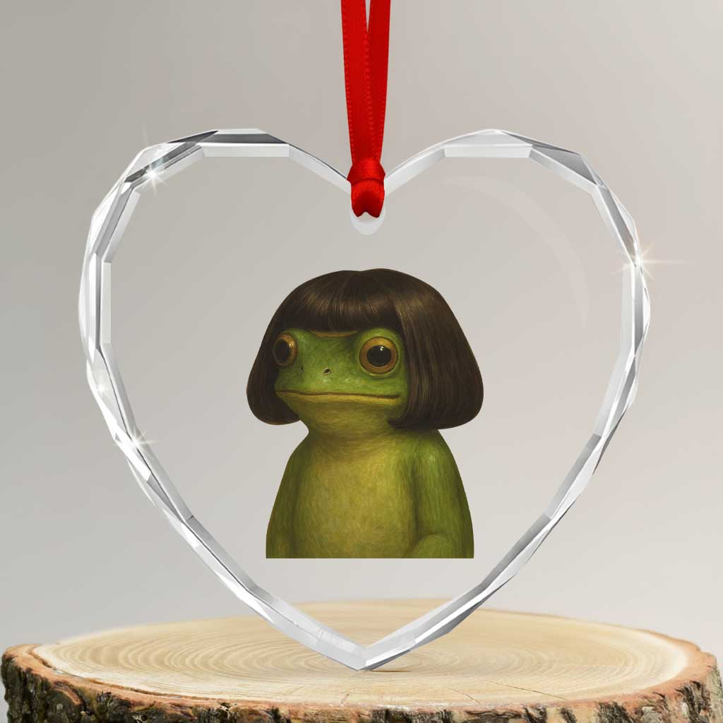 Funny Frog Bob Haircut Meme Heart Crystal Glass Ornament Silly Toad Trends TS10 Transparent Glass 3'' Heart Print Your Wear