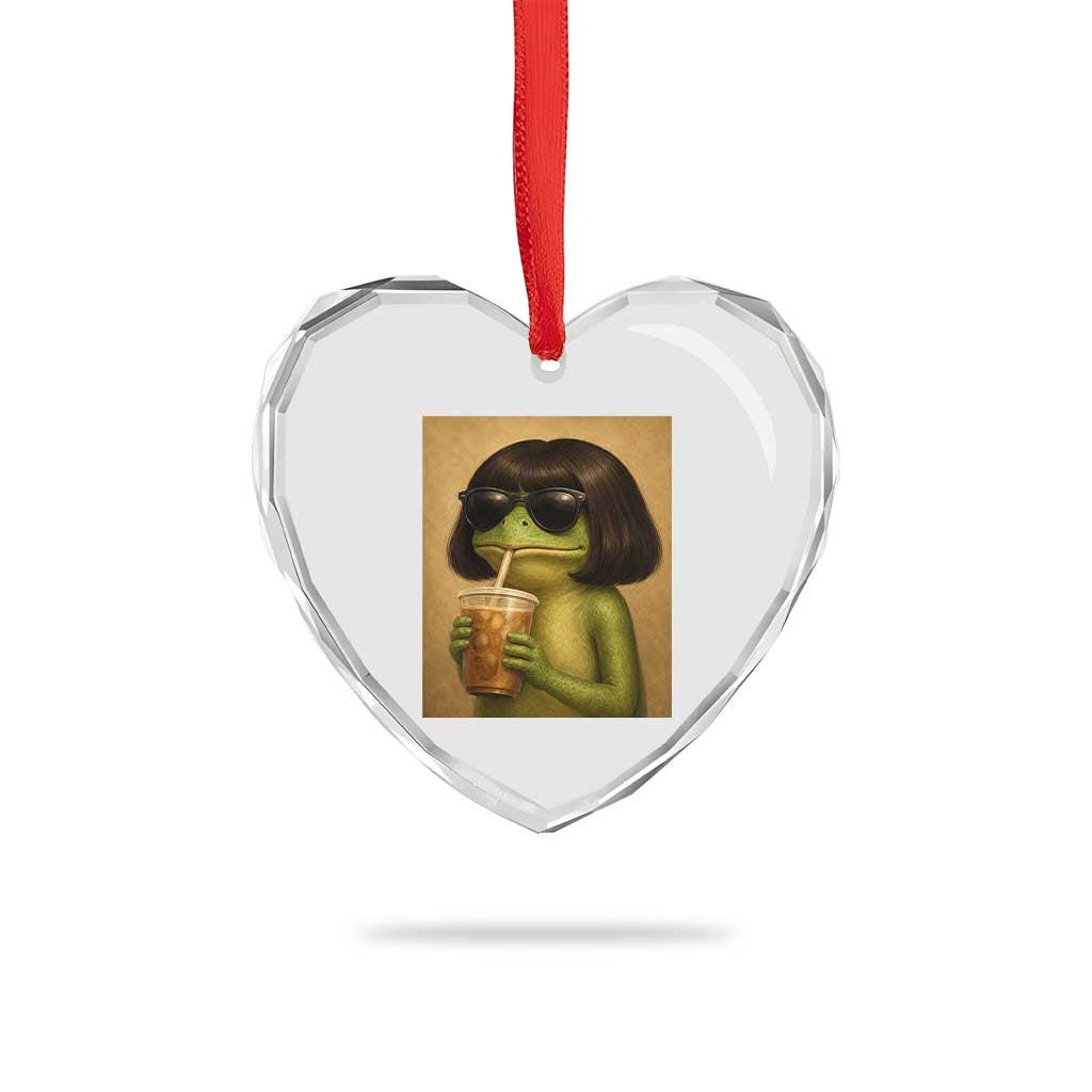 Funny Frog Bob Haircut Renaissance Painting Meme Heart Crystal Glass Ornament