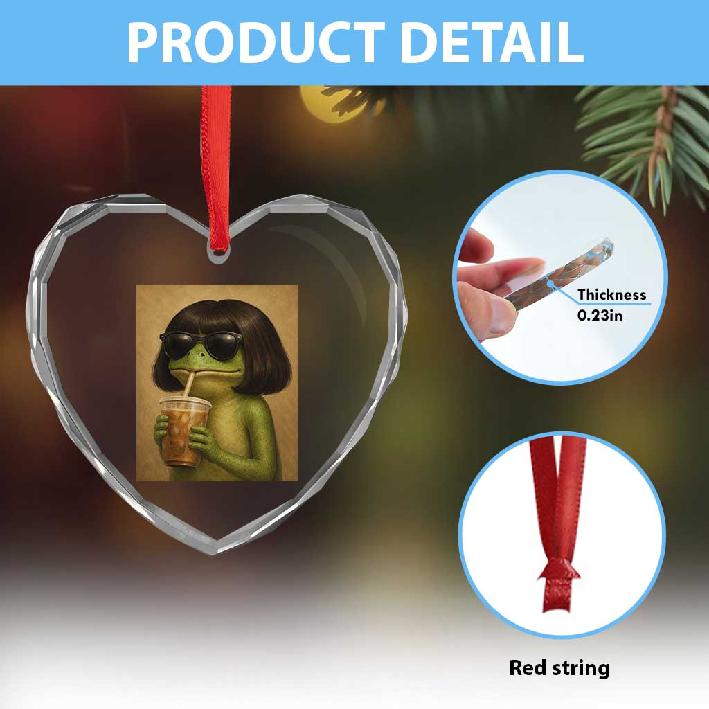 Funny Frog Bob Haircut Renaissance Painting Meme Heart Crystal Glass Ornament
