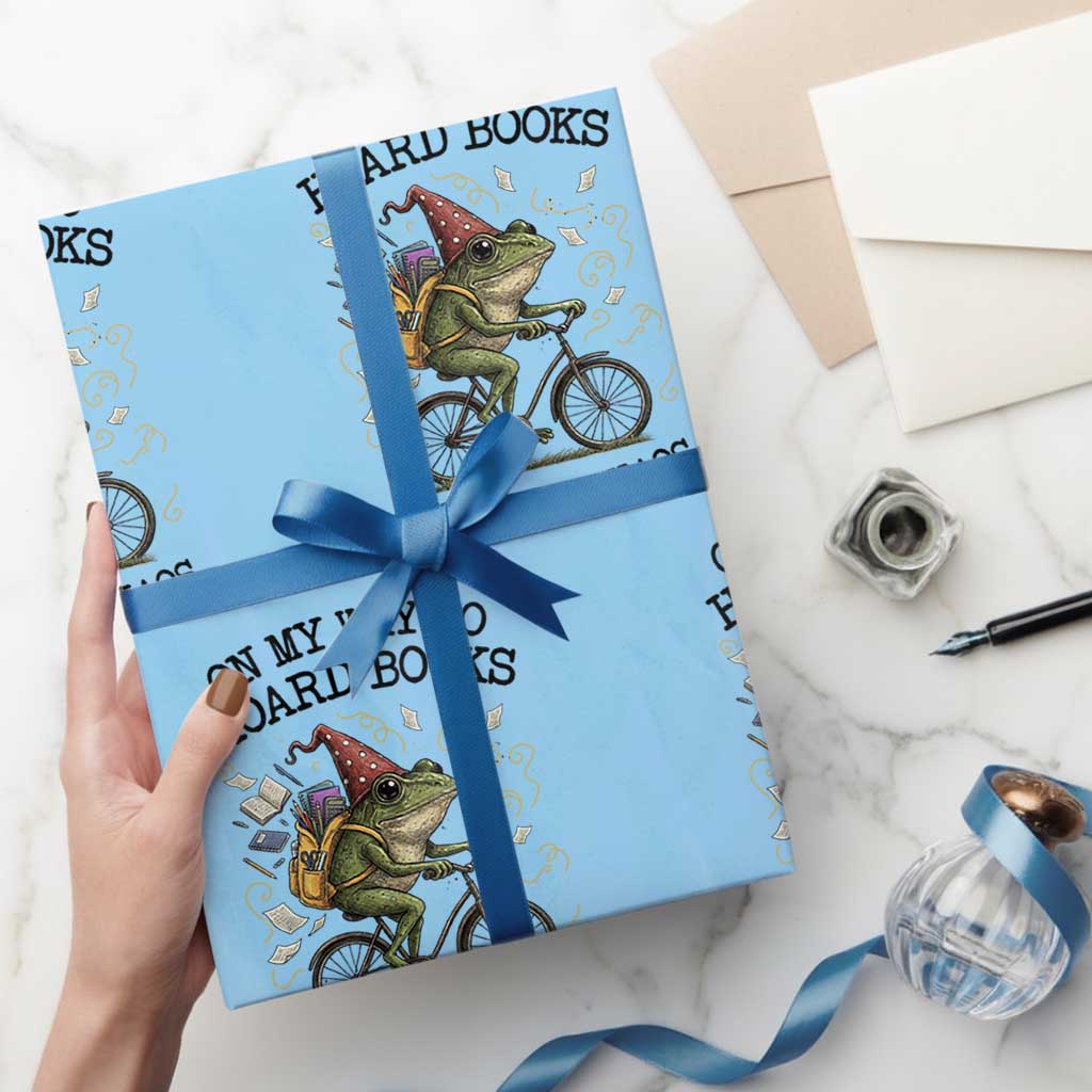 Funny Frog Meme Wrapping Paper Roll On My Way to Hoard Books and Cause Chaos TS14 Light Blue Print Your Wear