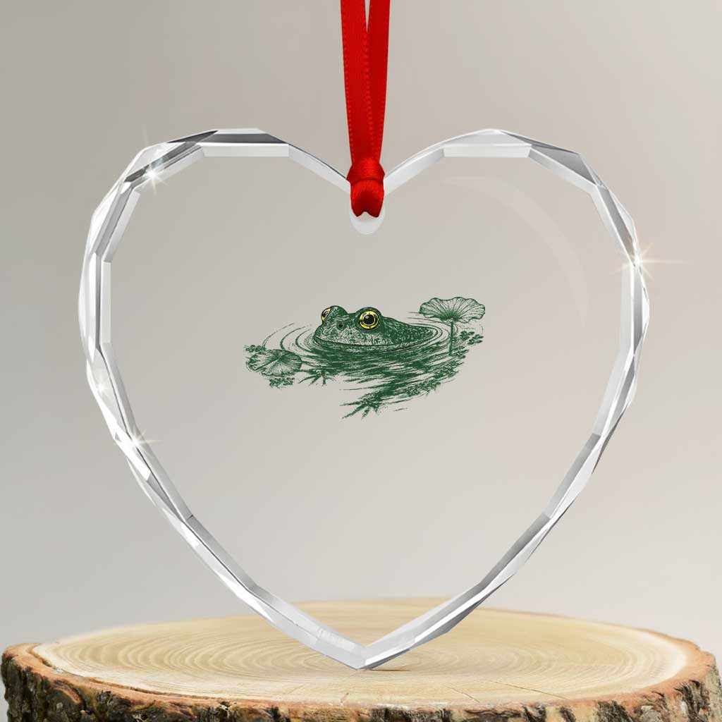 Funny Frog Swimming in Pond Cottagecore Style Heart Crystal Glass Ornament TS11 Transparent Glass 3'' Heart Print Your Wear