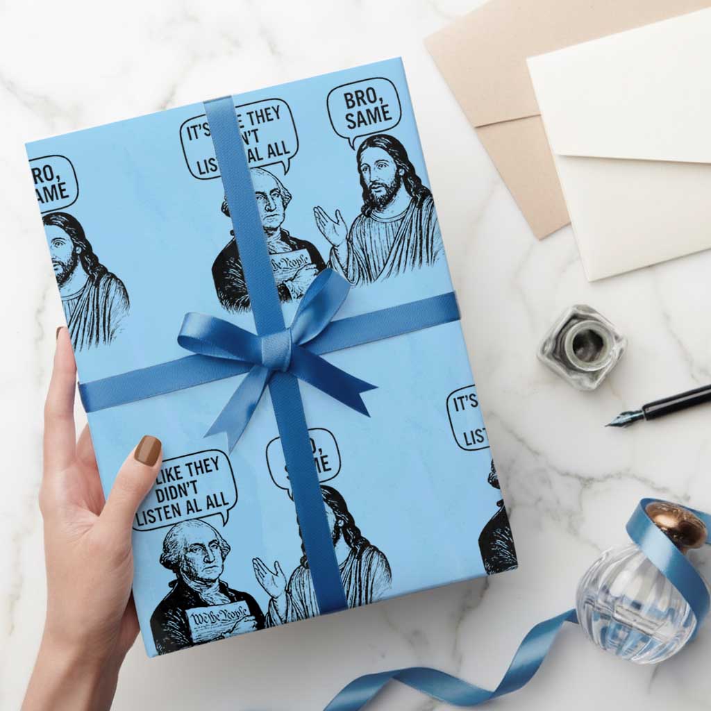 Funny George Washington and Jesus Satire Wrapping Paper Roll Political Commentary Founding Fathers and Faith TS02 Light Blue Print Your Wear