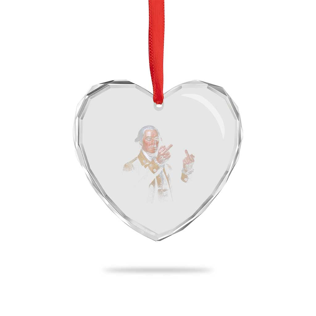 Funny George Washington Middle Fingers Rebel Portrait Heart Crystal Glass Ornament Edgy Classic Oil Painting Parody Patriotic Humor Graphic