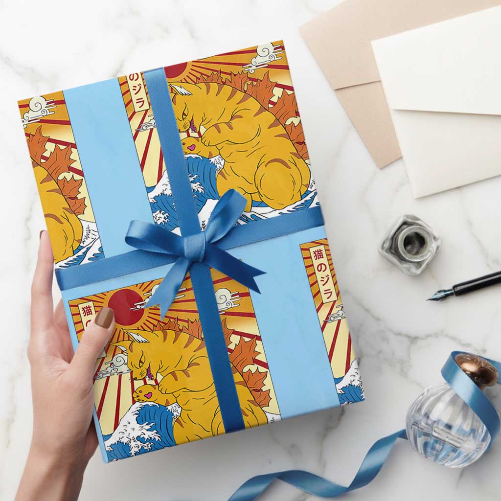 Funny Giant Cat Monster Japanese Anime Kawaii Wrapping Paper Roll Retro Vintage Japan Inspo Graphic TS02 Light Blue Print Your Wear