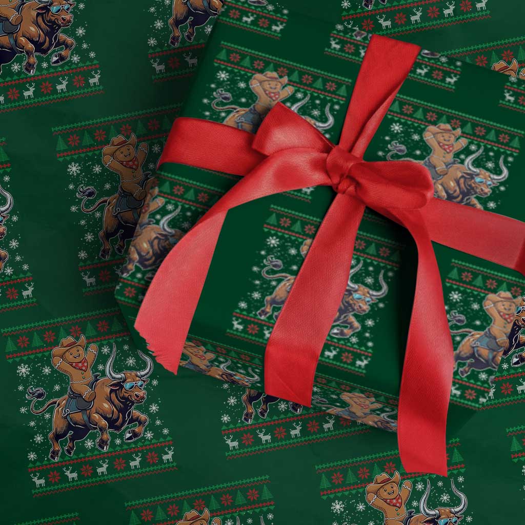 Funny Gingerbread Man Riding Bull Wrapping Paper Roll Cowboy Western Rodeo Christmas Gift TS12 Green Print Your Wear