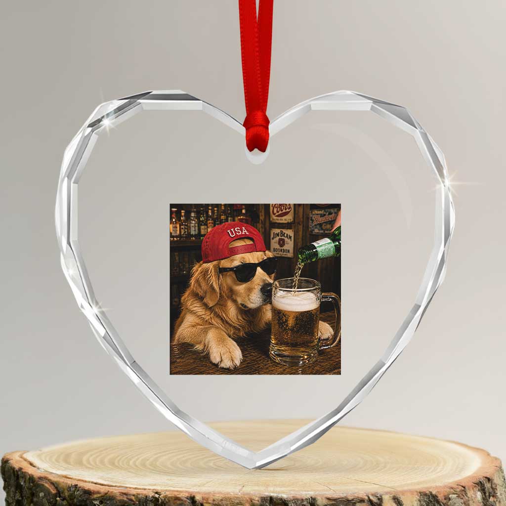 Funny Golden Retriever Drinking Beer Heart Crystal Glass Ornament Silly Dog Meme Graphic Sarcastic Gift