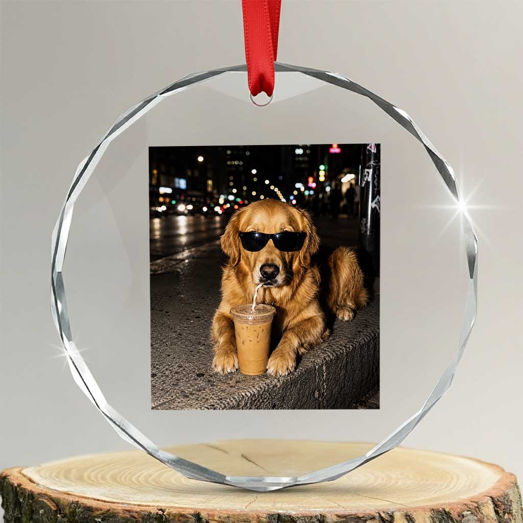 Funny Golden Retriever Iced Coffee Crystal Glass Ornament Grunge Silly Meme Graphic Funny Dog Lover TS10 Transparent Glass 3'' Circle Print Your Wear